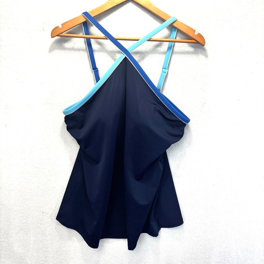 Lands' End Tankini Swimsuit Top Womens 18 Blue Colorblock Built-In Bra Halter